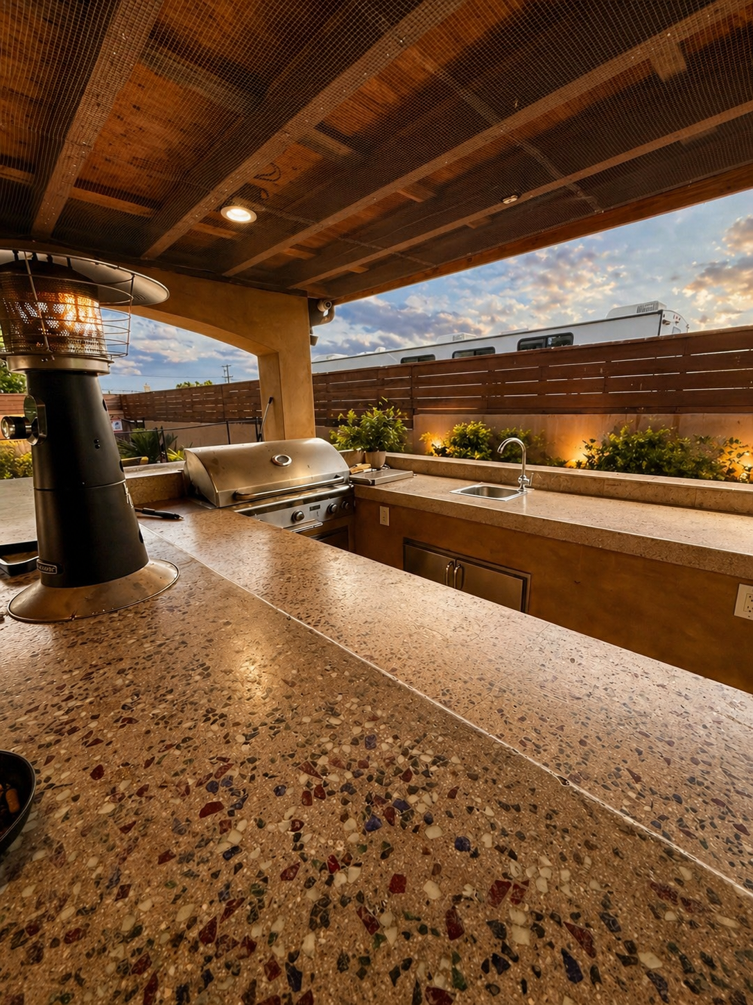 Covered outdoor kitchen with grill, sink, and evening lighting