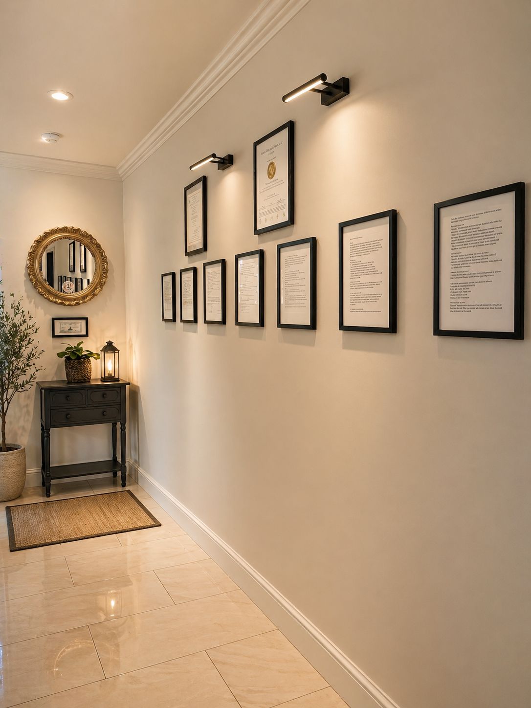 Hallway displaying framed licensing and accreditation documents