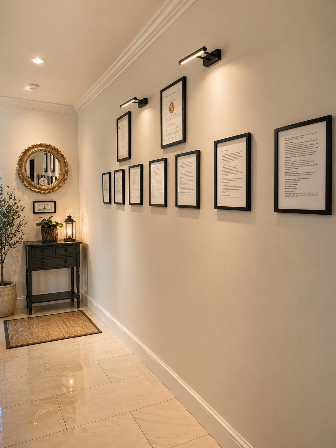 Hallway displaying framed licensing and accreditation documents