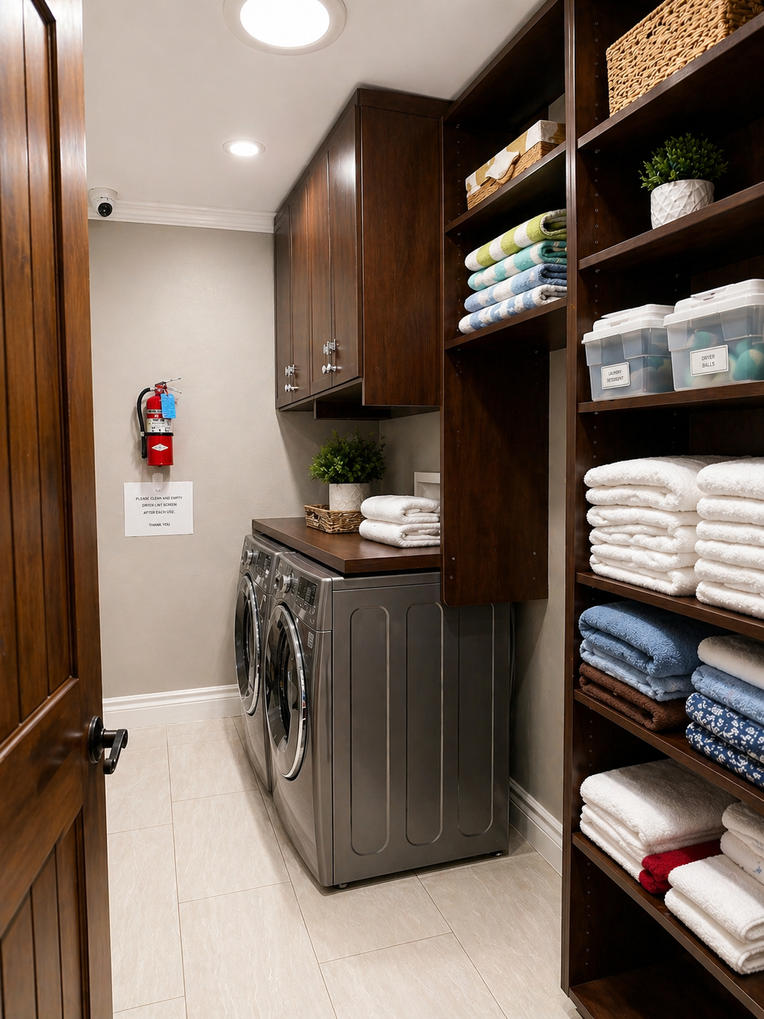 Laundry room with built-in shelving, towels, and full-size washer and dryer