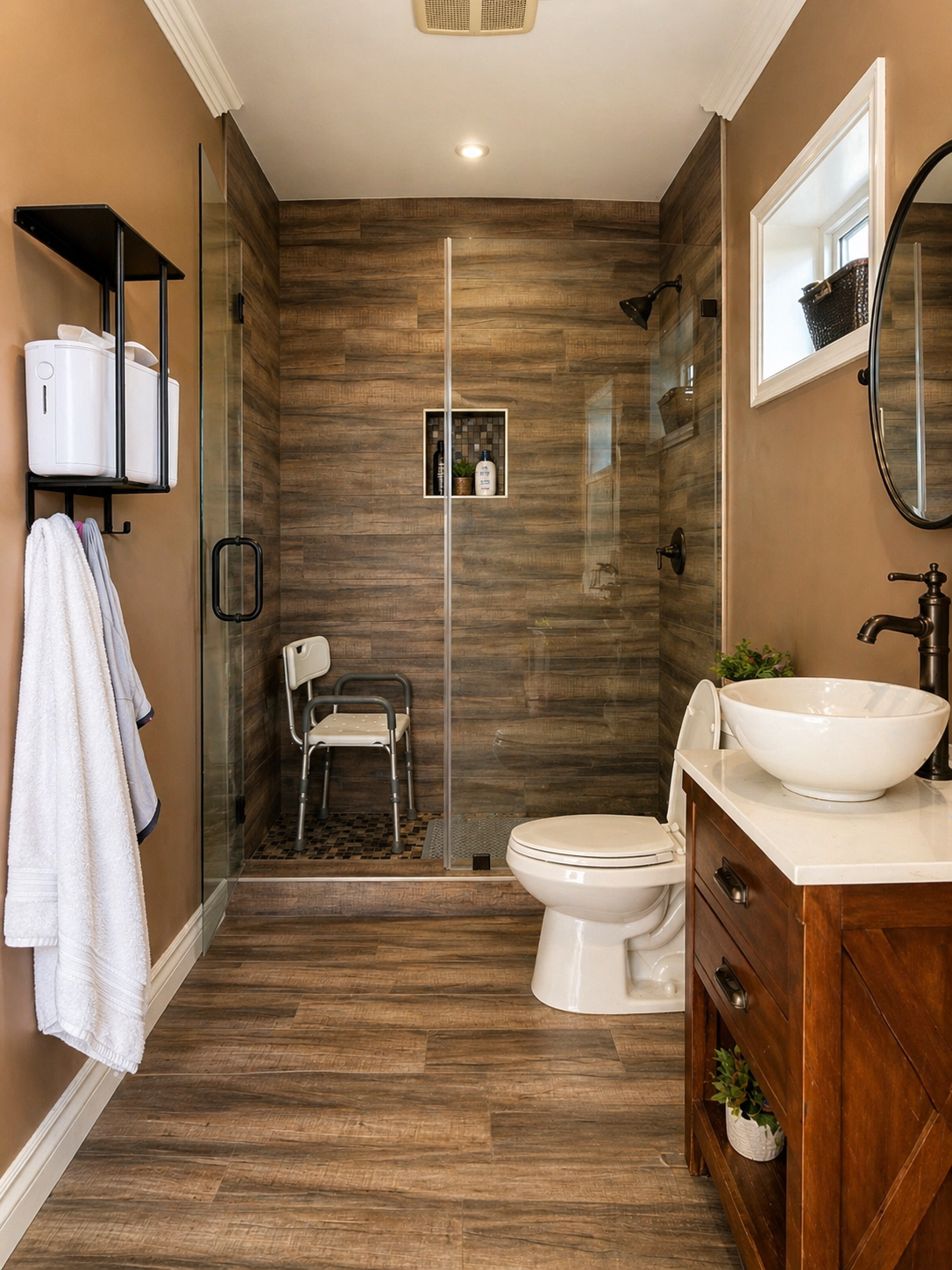 Accessible bathroom with walk-in shower and support chair