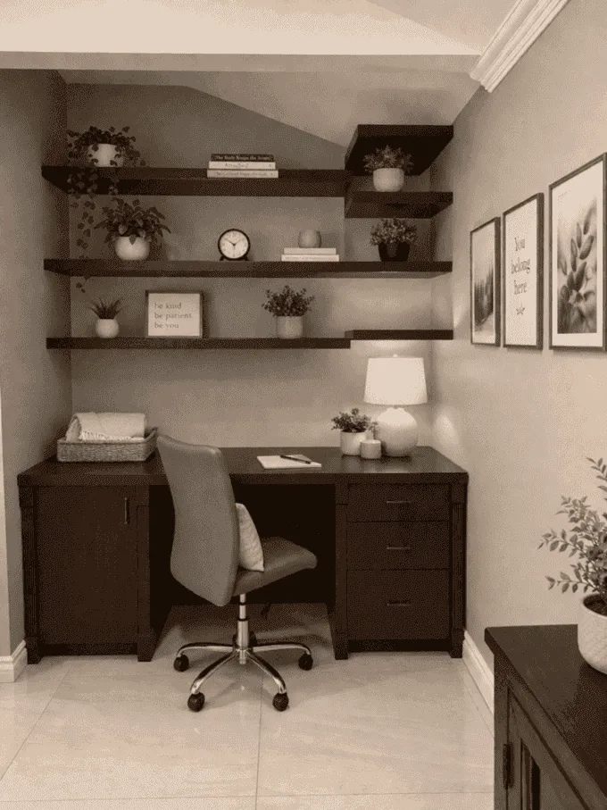Quiet desk nook with floating shelves and warm lamp light