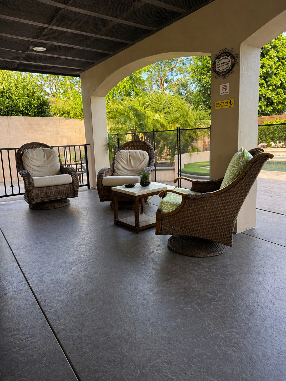 Covered backyard seating area