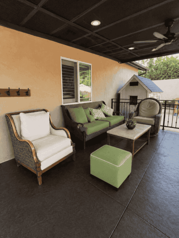 Covered backyard seating area, alternate view