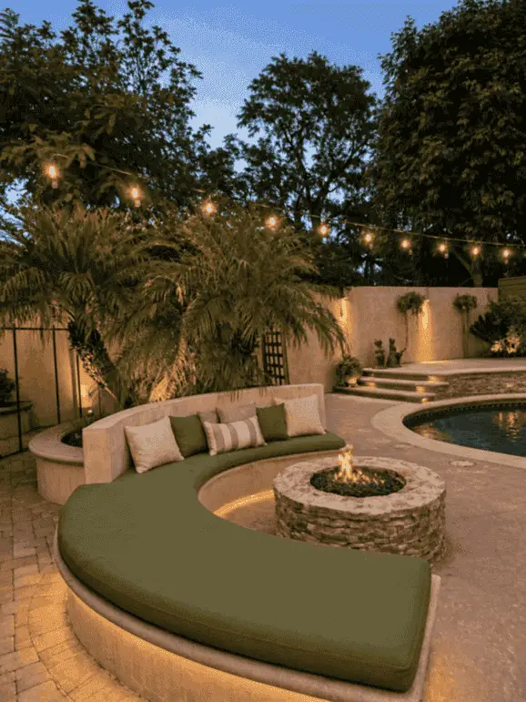 Backyard firepit seating area in the evening