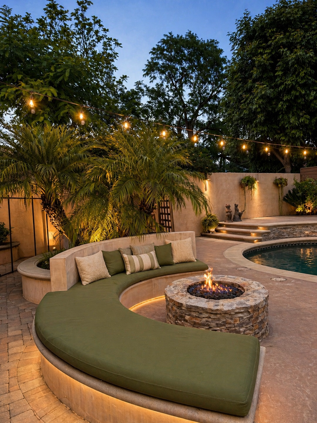 Backyard firepit seating area in the evening