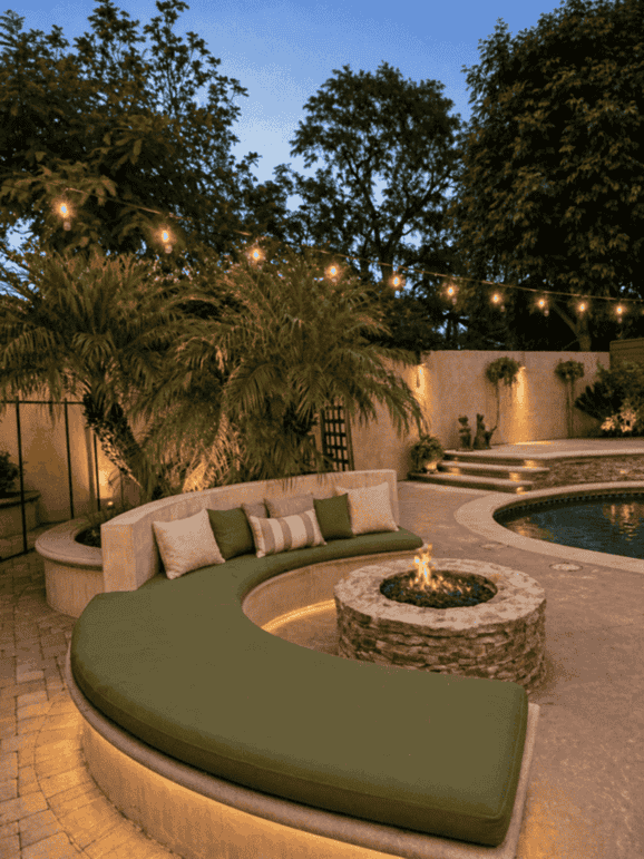 Backyard firepit seating area in the evening