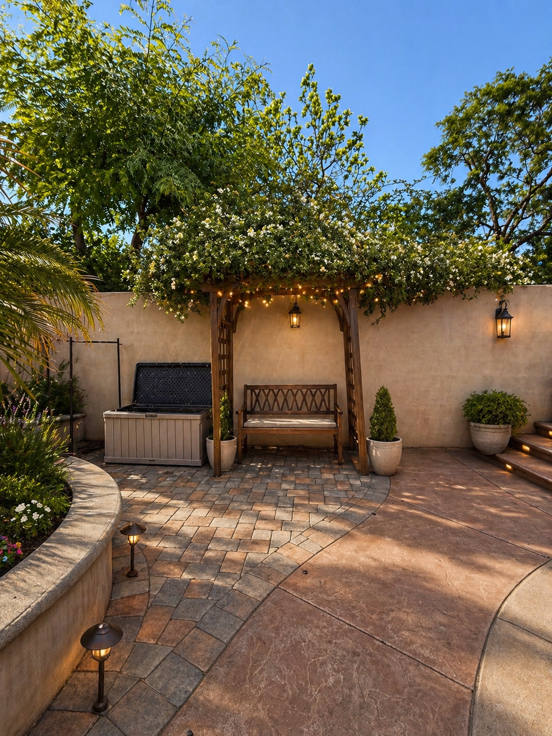 Pergola seating area in the backyard during the day