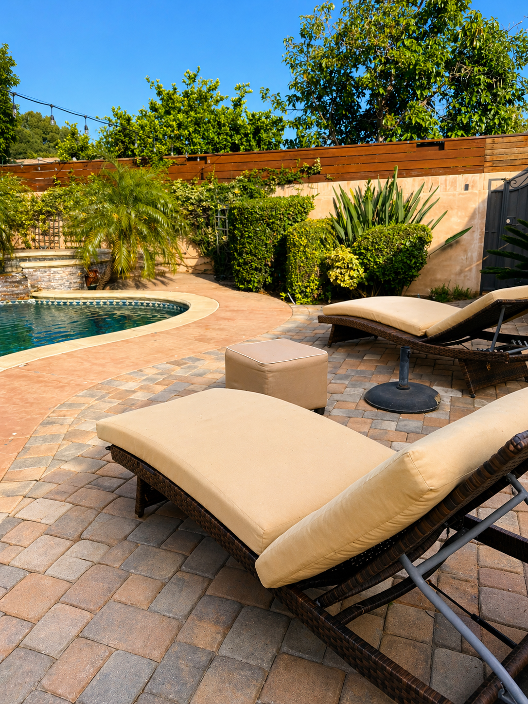 Backyard pool and lounge area during the day