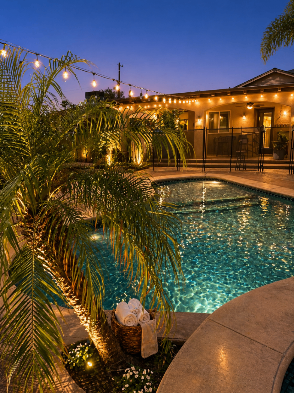 Pool area in the evening with exterior lighting