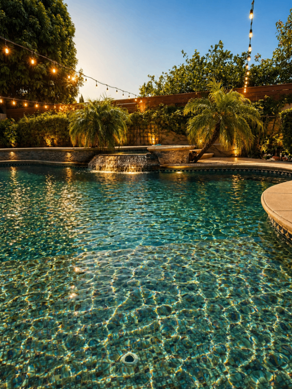 Wide view of the backyard pool at twilight