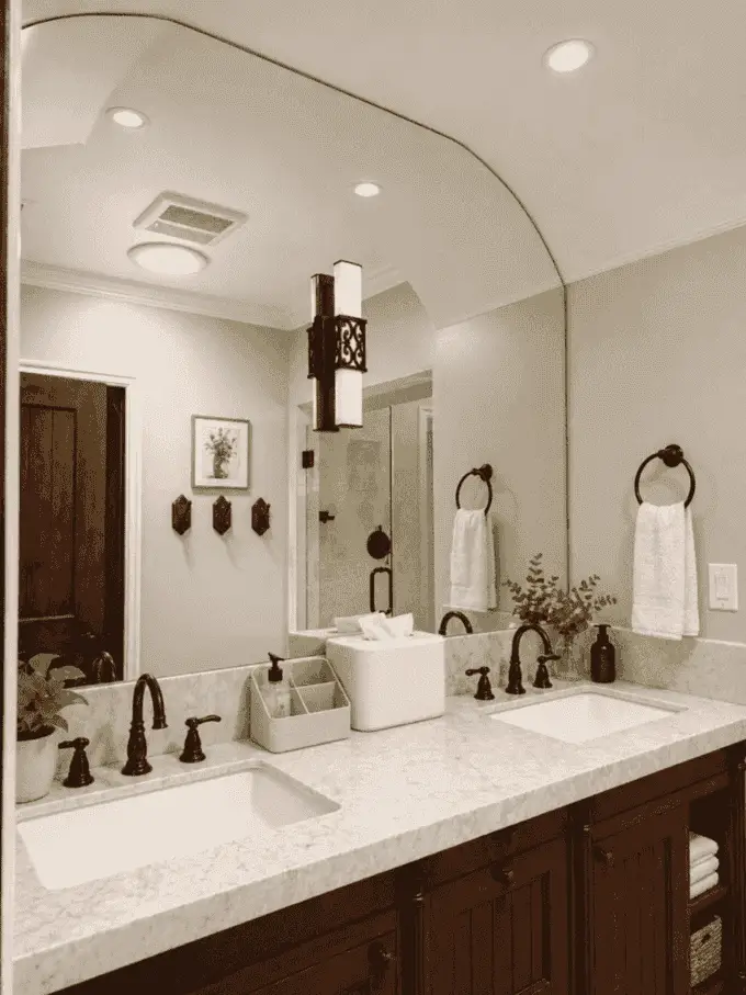 Bathroom with double vanity and marble countertop