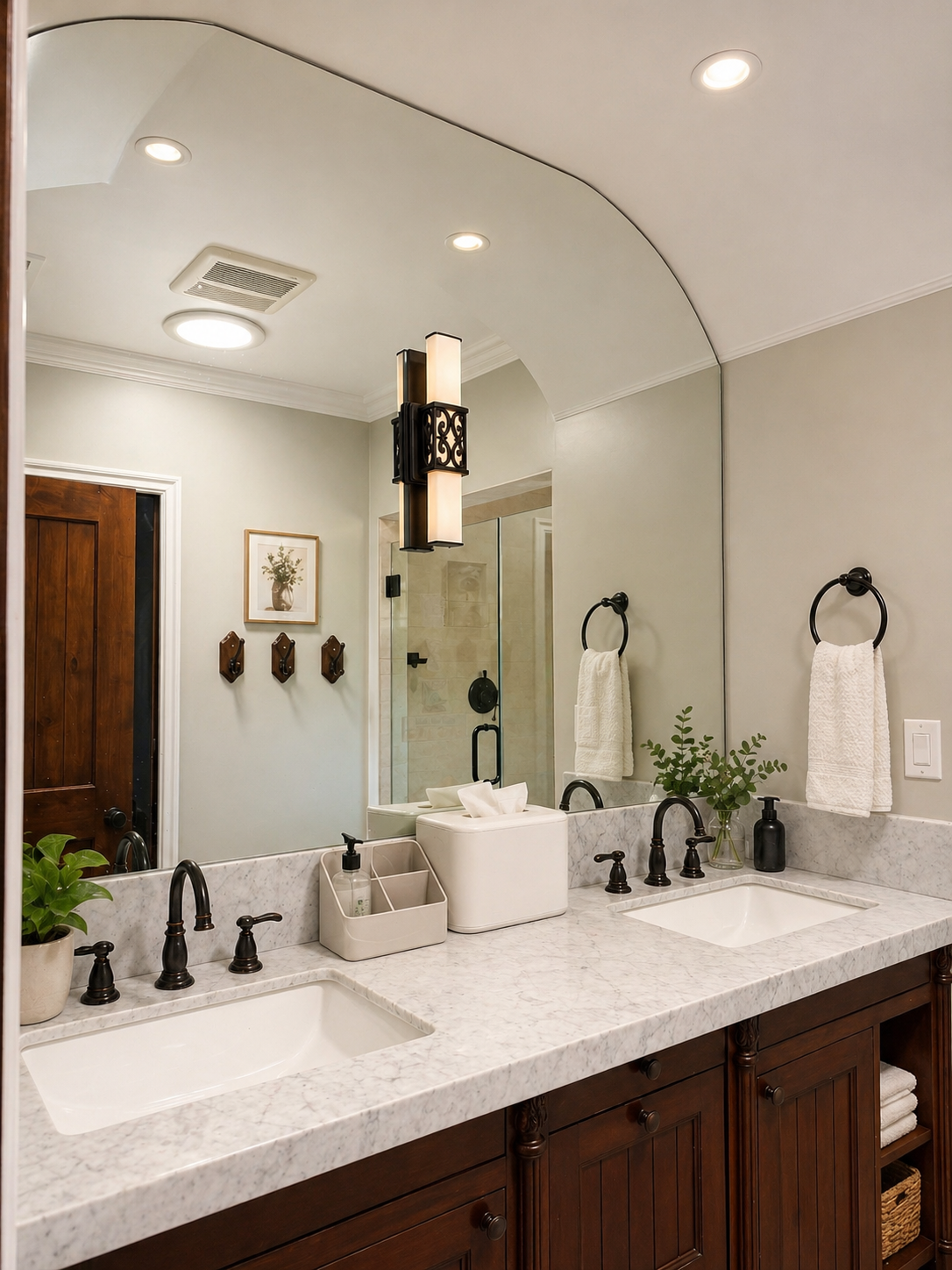 Bathroom with double vanity and marble countertop