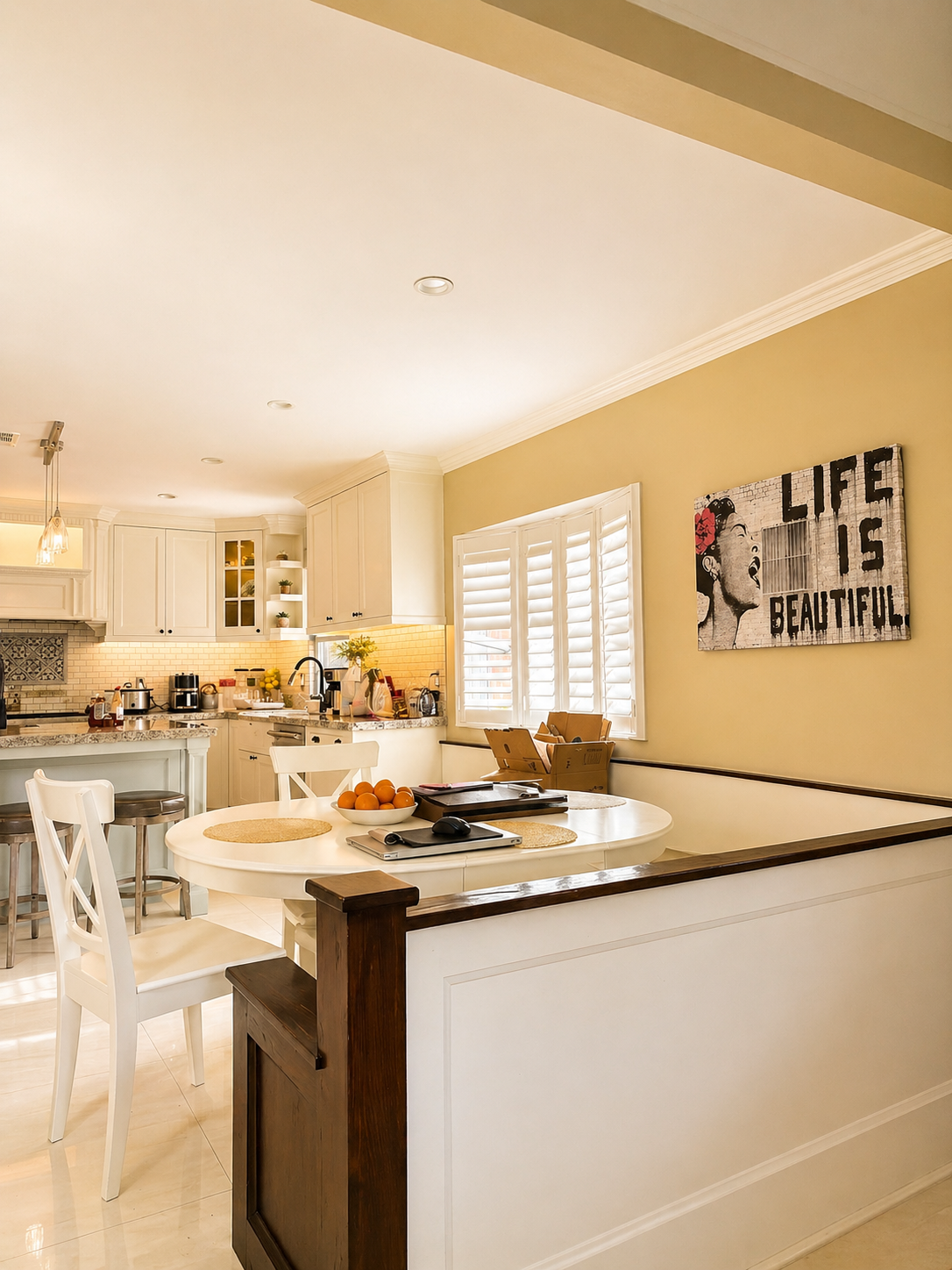 Breakfast nook with round table next to kitchen