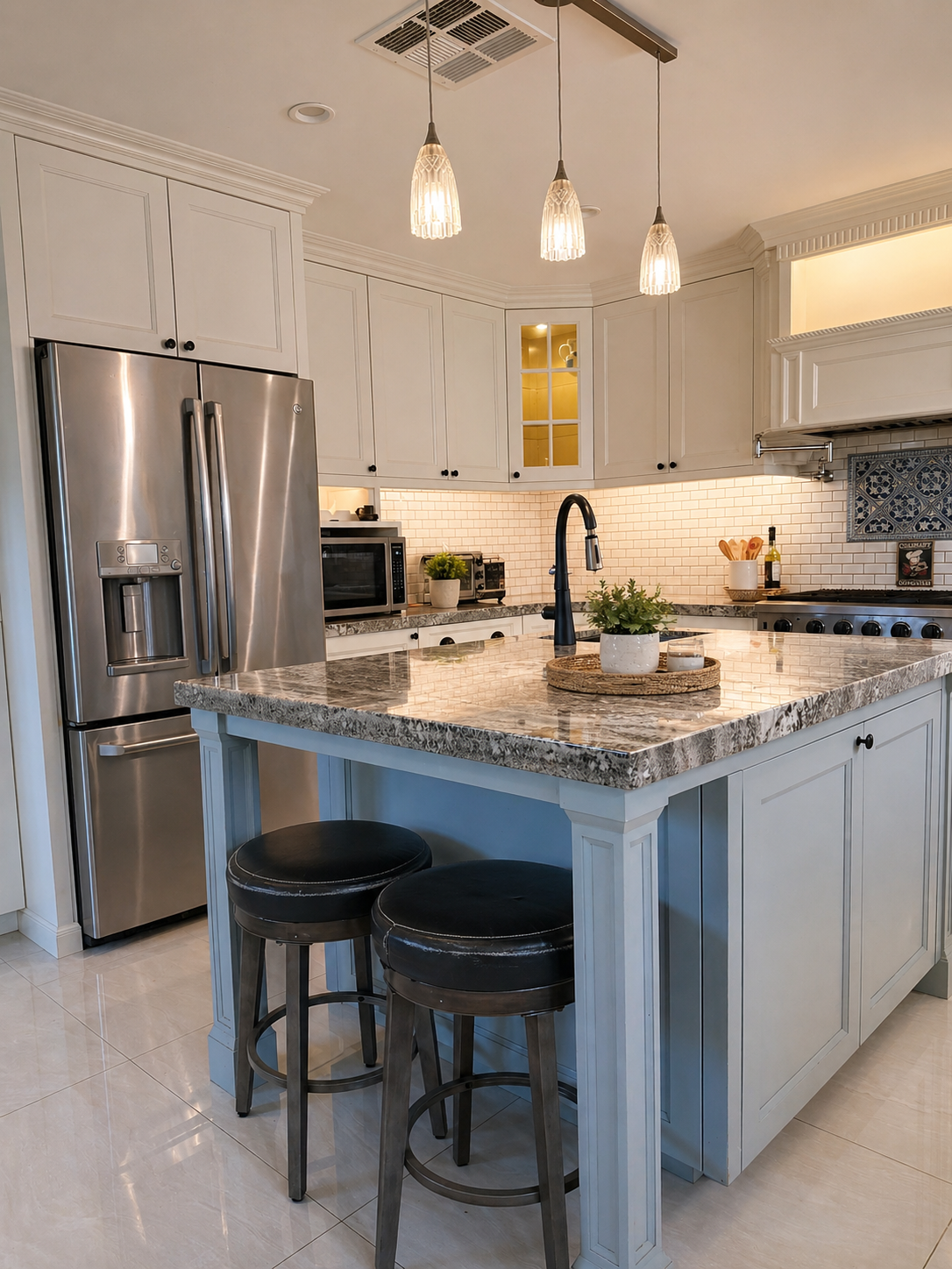 Kitchen with granite island, pendant lights, and stainless appliances