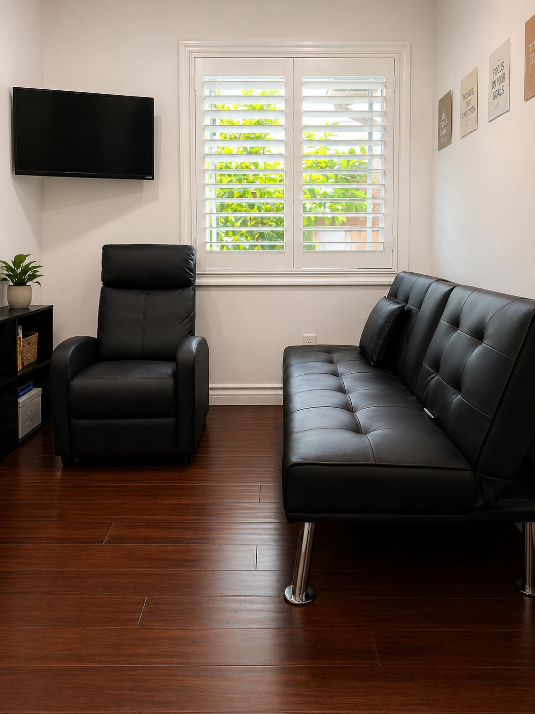 Therapy lounge with recliner, futon, and natural light